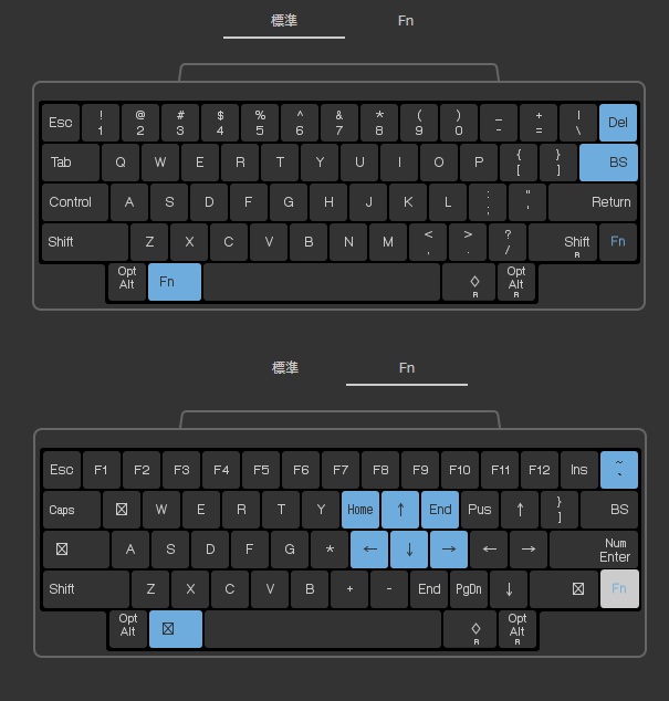 HHKB Professional HYBRID Type-S キーマップ設定の実画面（標準面とFn面）