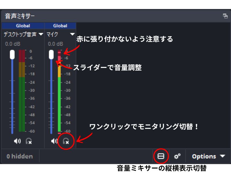 OBS 32.1の音声ミキサー画面